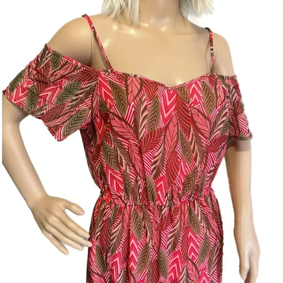 NWT CHARMING CHARLIE Botanical Maxi Tropical Pink Off Shoulder Long Dress Lined - Picture 3 of 11